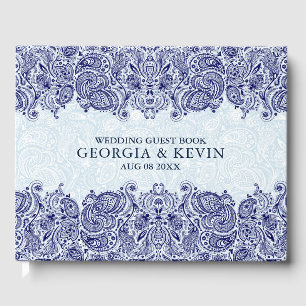 White & Dark-Blue Floral Paisley Lace Guest Book