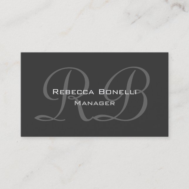 White Dark Grey Script Monogram Business Card (Front)