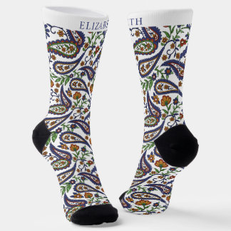 White Dark Navy Blue Green Paisley Pattern Socks