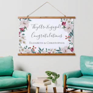 White Dark Pink Red Floral Greenery Engagement Hanging Tapestry