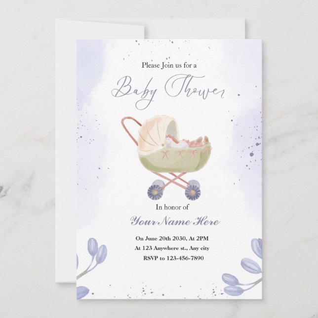 White Dark Purple Baby Shower Invitations (Front)