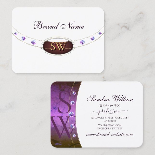 White Dark Purple Marble and Gold with Initials Business Card (Front/Back)