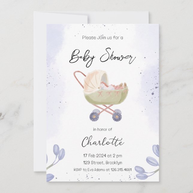 White Dark Purple Simple Stroller Baby Shower Invitation (Front)