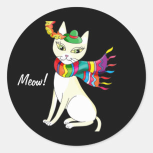 white decorative cat in a hat and scarf on black classic round sticker