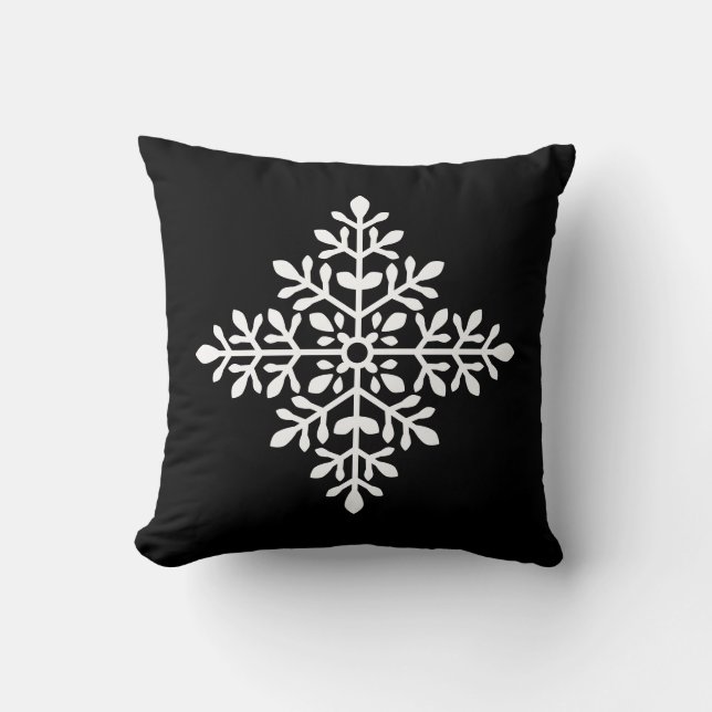 White Decorative Snowflake Silhouette On Black Cushion (Front)