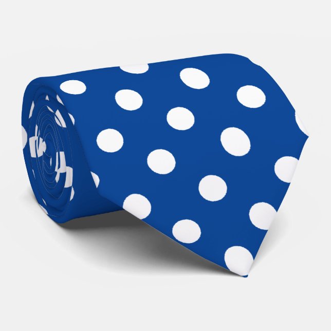 White Deep Blue Polka Dots Pattern Tie (Rolled)