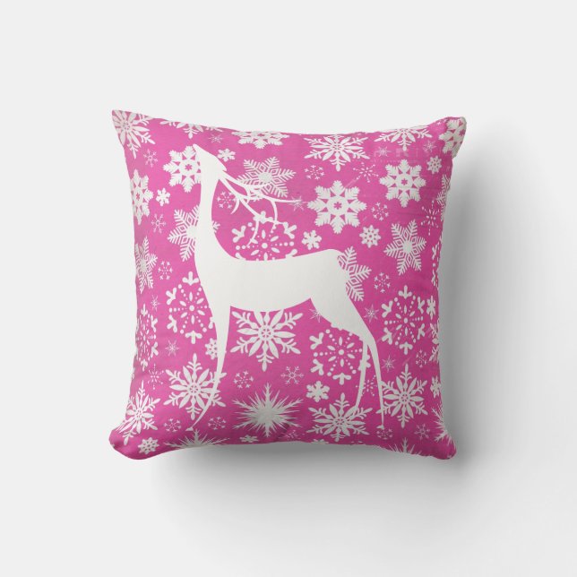 White Deer and Snowflakes on Pink Holiday Pillow (Front)
