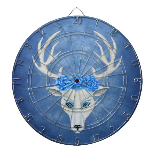 White Deer Antlers Blue eyes Roses Misty Blue Dartboard (Front)