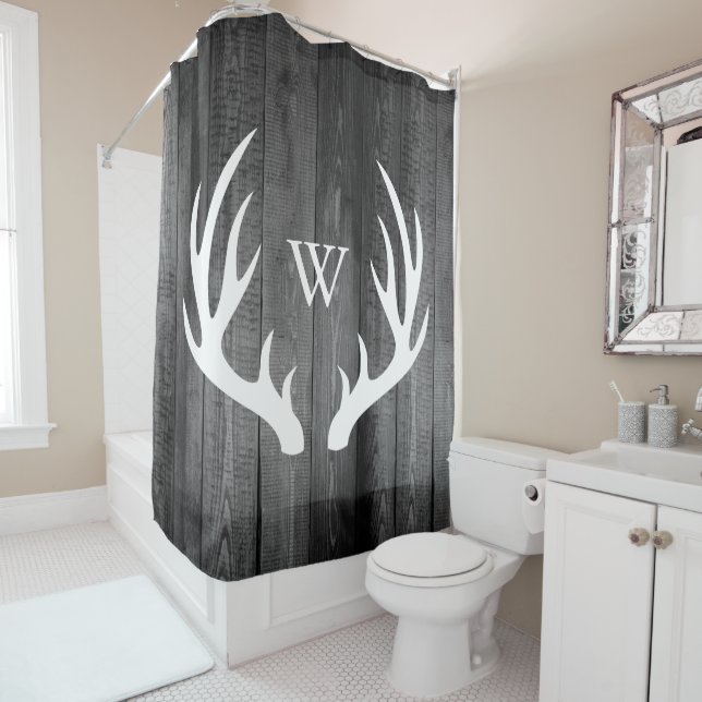 White Deer Antlers Dark Grey Barn Wood Monogram Shower Curtain (In Situ)