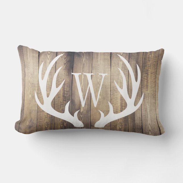 White Deer Antlers Farmhouse Wood Monogram Lumbar Cushion (Front)