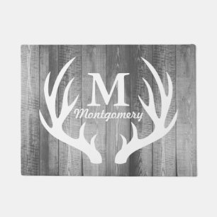 White Deer Antlers Grey Barn Wood Planks Monogram Doormat