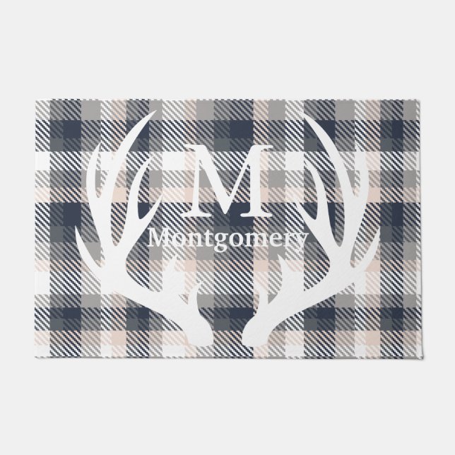 White Deer Antlers Heather Grey Plaid Family Name Doormat (Front)