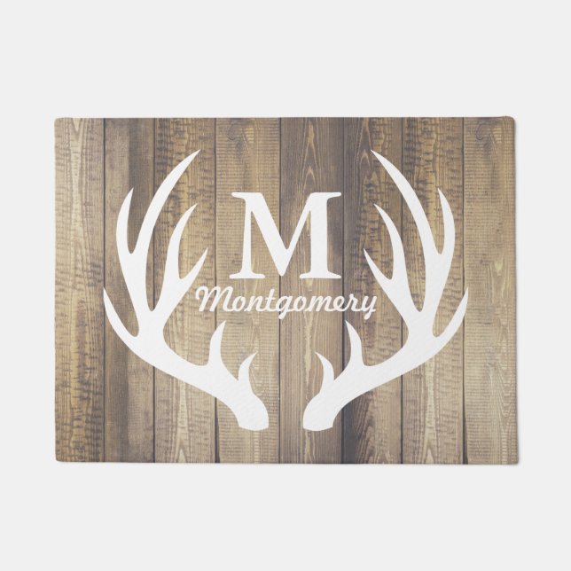 White Deer Antlers Light Barn Wood Planks Monogram Doormat (Front)