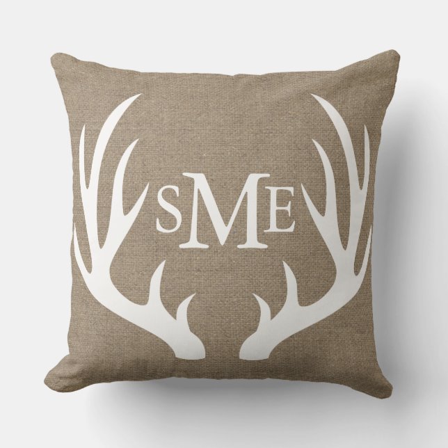 White Deer Antlers Monogram Custom Cushion (Front)