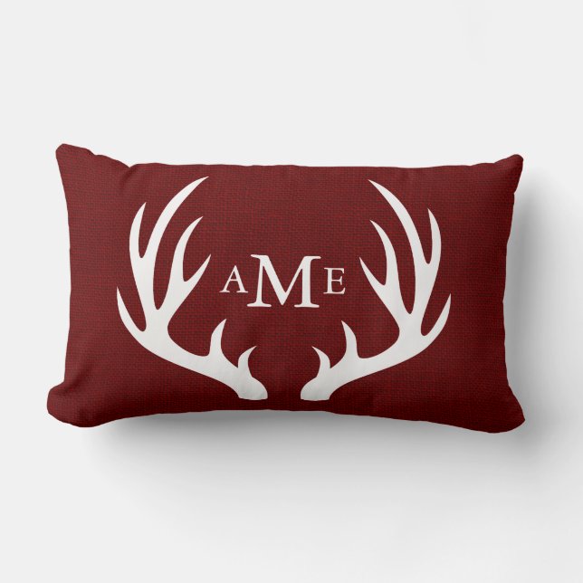 White Deer Antlers Monogram Rustic Red Burlap Lumbar Cushion (Front)