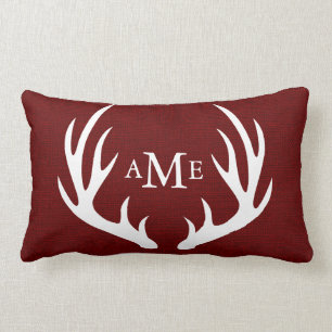 White Deer Antlers Monogram Rustic Red Burlap Lumbar Cushion