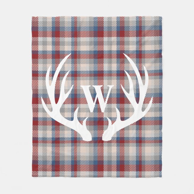 White Deer Antlers Monogrammed Winter Berry Plaid Fleece Blanket (Front)