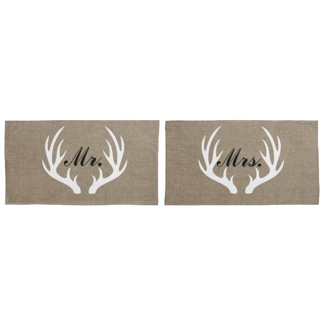 White Deer Antlers Mr. and Mrs. Pillow Cases (Front-Set)