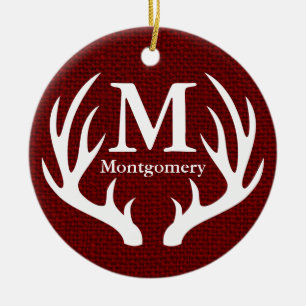 White Deer Antlers Red Faux Burlap Family Name Ceramic Tree Decoration