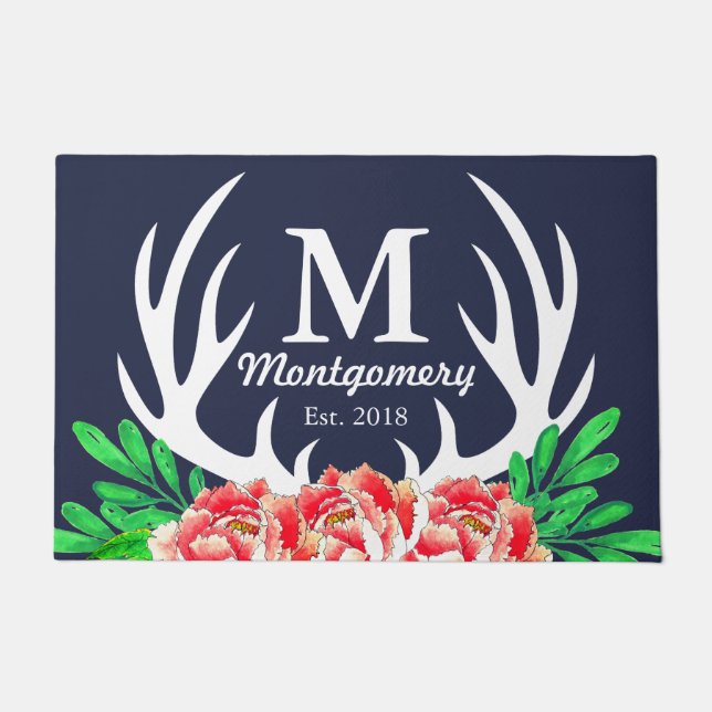 White Deer Antlers Watercolor Peony - Personalised Doormat (Front)