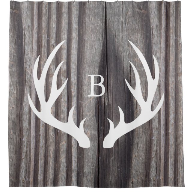White Deer Antlers Weathered Wood Monogram Shower Curtain (Front)