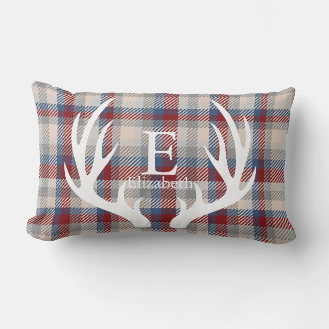 White Deer Antlers Winter Berry Plaid Personalised Lumbar Cushion (Front)