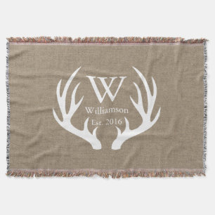 White Deer Buck Antlers Country Family Name Throw Blanket