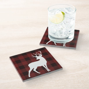 White Deer Buffalo Plaid Rustic Country Christmas Glass Coaster
