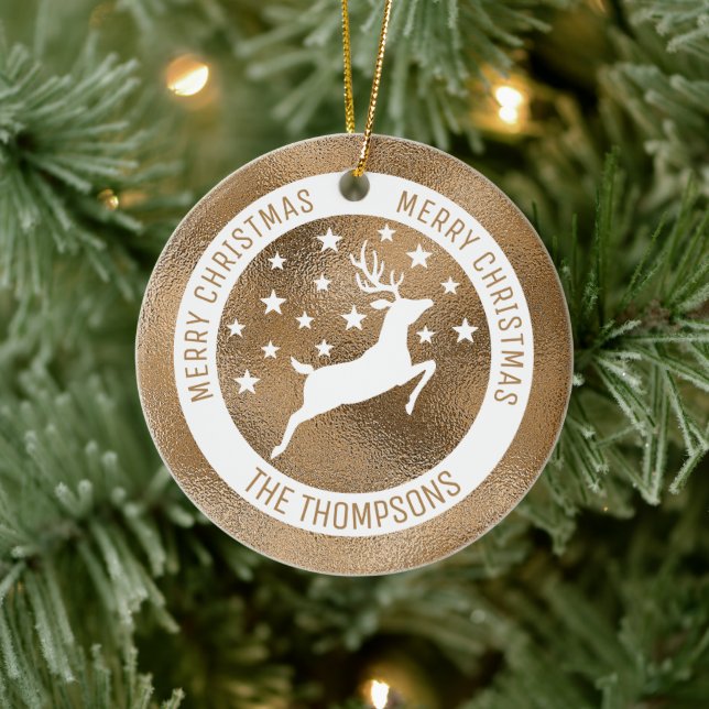 White Deer - Faux Golden Foil Look (Not Real Foil) Ceramic Ornament (Tree)