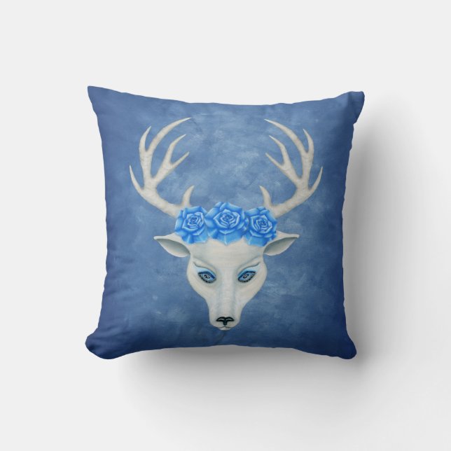 White Deer Head Antlers Blue Eyes Roses Misty Blue Cushion (Front)