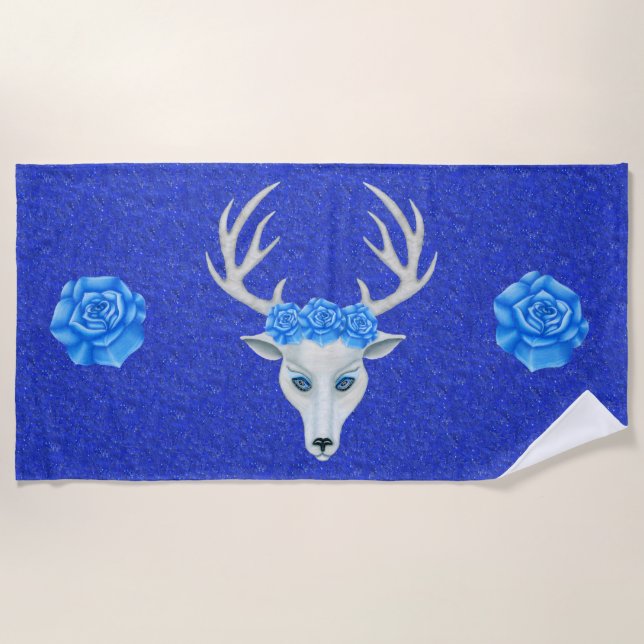 White Deer Head Antlers Roses on Blue Beach Towel (Front)