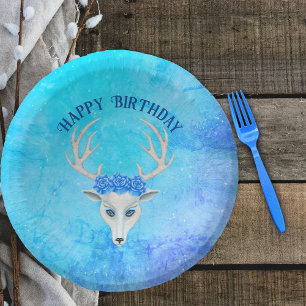 White Deer Head Blue Eyes Roses Antlers Birthday Paper Plate