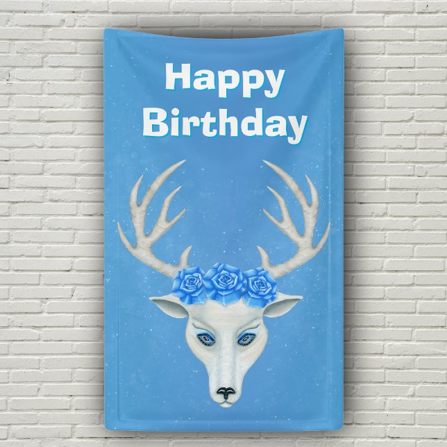 White Deer Head Large Antlers Blue Roses Birthday Banner (White deer head wearing blue roses with big antlers on vibrant blue Happy Birthday backdrop.)
