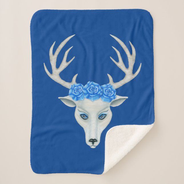 White Deer Head Mysterious Face Antlers Blue Roses Sherpa Blanket (Front)