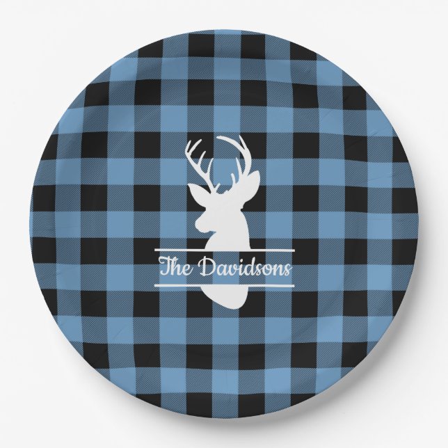 White Deer Head on Blue Buffalo Plaid Paper Plates (Front)