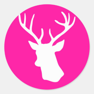 White Deer Head Silhouette - hot pink Classic Round Sticker