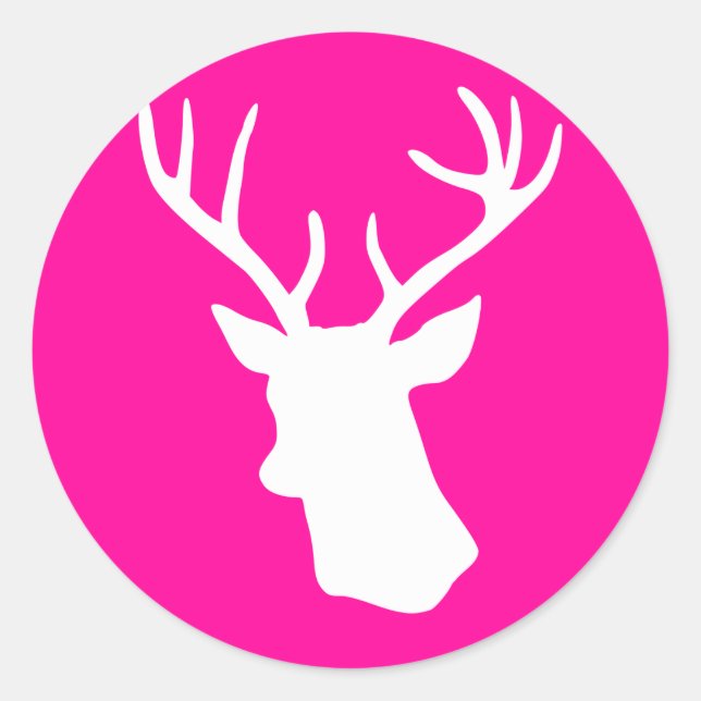 White Deer Head Silhouette - hot pink Classic Round Sticker (Front)