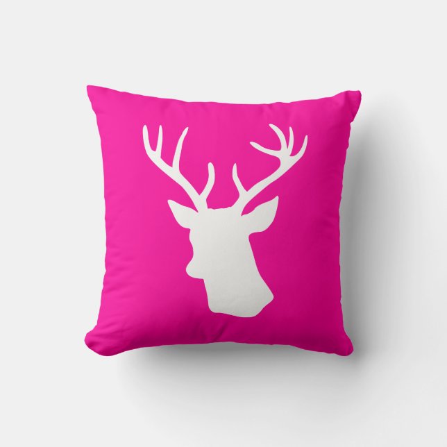 White Deer Head Silhouette - Hot Pink Cushion (Front)