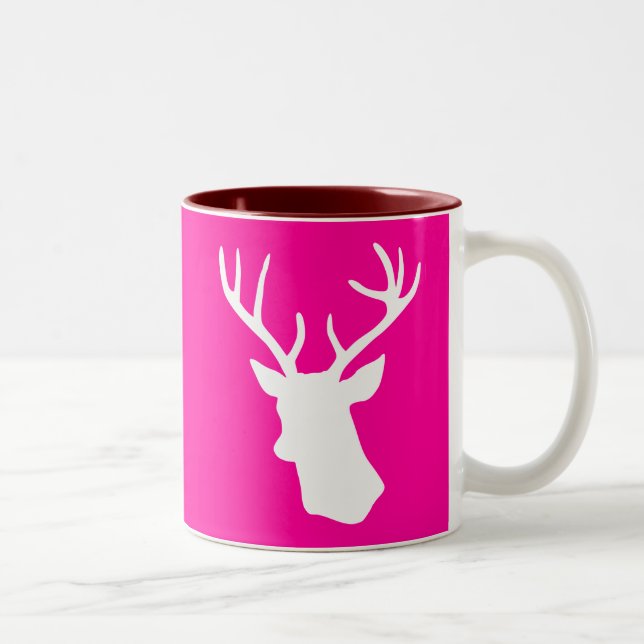 White Deer Head Silhouette - hot pink Two-Tone Coffee Mug (Right)