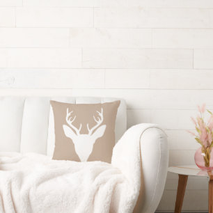 White Deer Head Silhouette On Beige Cushion