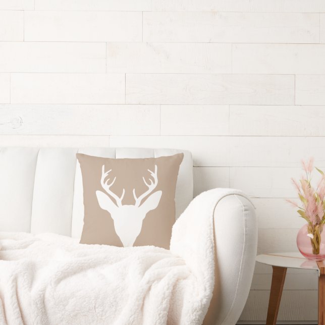White Deer Head Silhouette On Beige Cushion (Couch)
