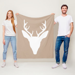 White Deer Head Silhouette On Beige Fleece Blanket