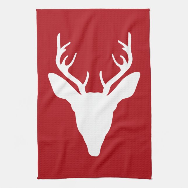 White Deer Head Silhouette On Red Tea Towel (Vertical)