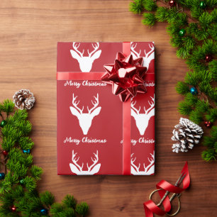 White Deer Head Silhouette On Red With Custom Text Wrapping Paper