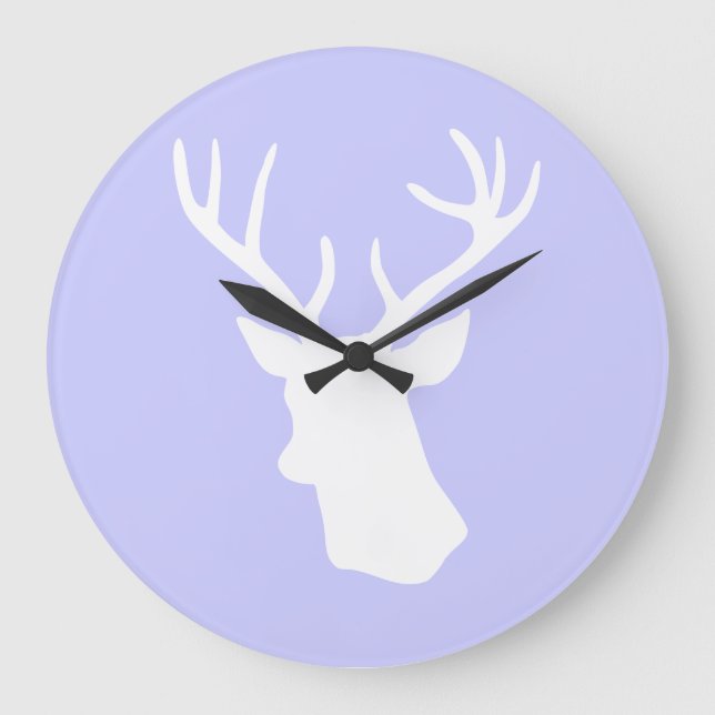 White Deer Head Silhouette - Purple Large Clock (Front)