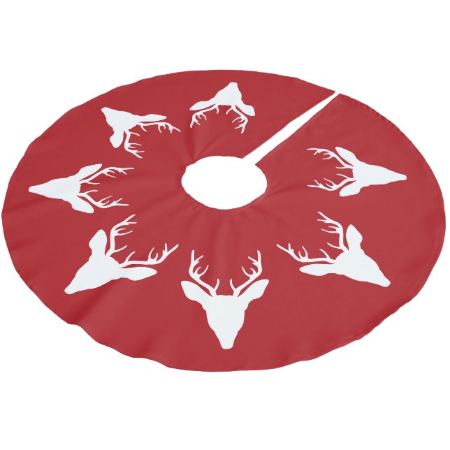 White Deer Head Silhouettes On Red Brushed Polyester Tree Skirt (Angled)