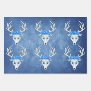 White Deer Heads Antlers Pretty Roses Misty Blues Wrapping Paper Sheet