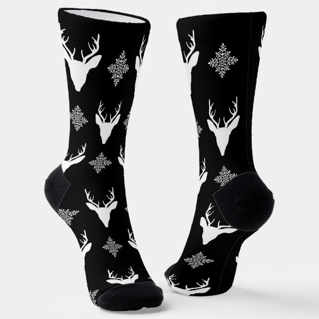 White Deer Heads & Snowflakes On Black Pattern Socks (Angled)