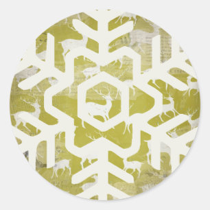 White Deer on Green Snowflake Round Sticker