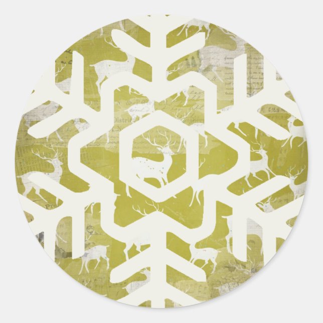 White Deer on Green Snowflake Round Sticker (Front)